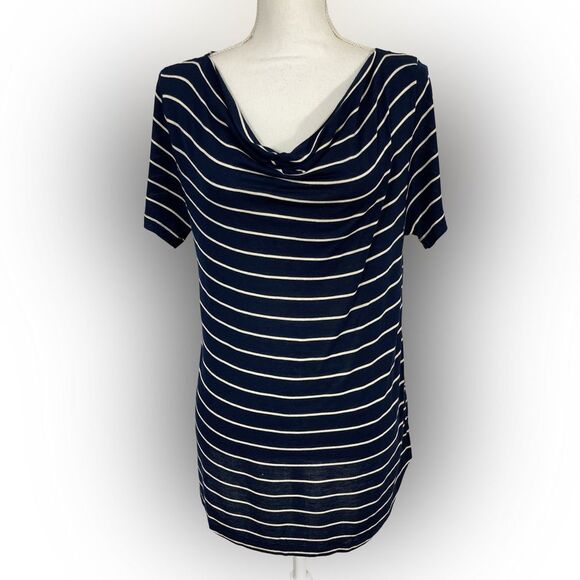 Joe Fresh Cowl Neck Top Women’s L Blue Striped Casual Short Sleeve Stretch Shirt - Picture 1 of 7